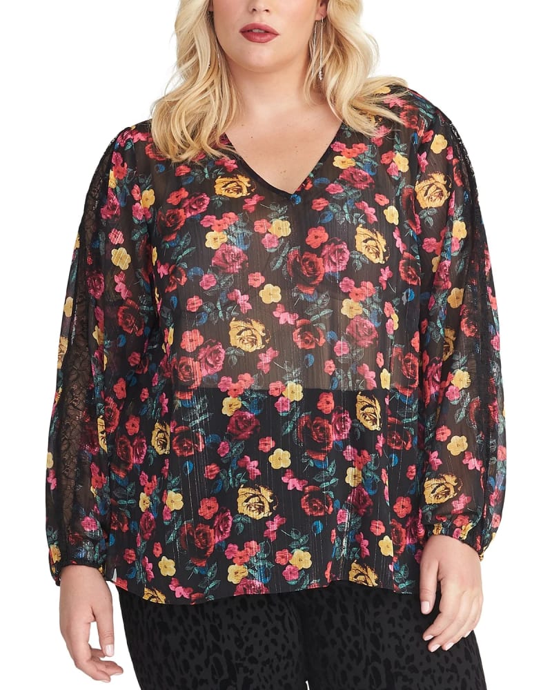 Front of a model wearing a size 2X Rachel Rachel Roy Women's Plus Size Eve Floral Print Top Black Size 2X in Black by Rachel Roy. | dia_product_style_image_id:311460